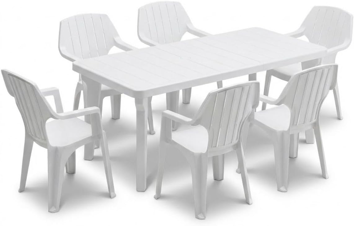 Tomaino Ensemble salle à manger, avec accoudoirs, 220 cm, Ensemble de table et 6 chaises de jardin en plastique extensible, 90 cm, 74 cm, Blanc