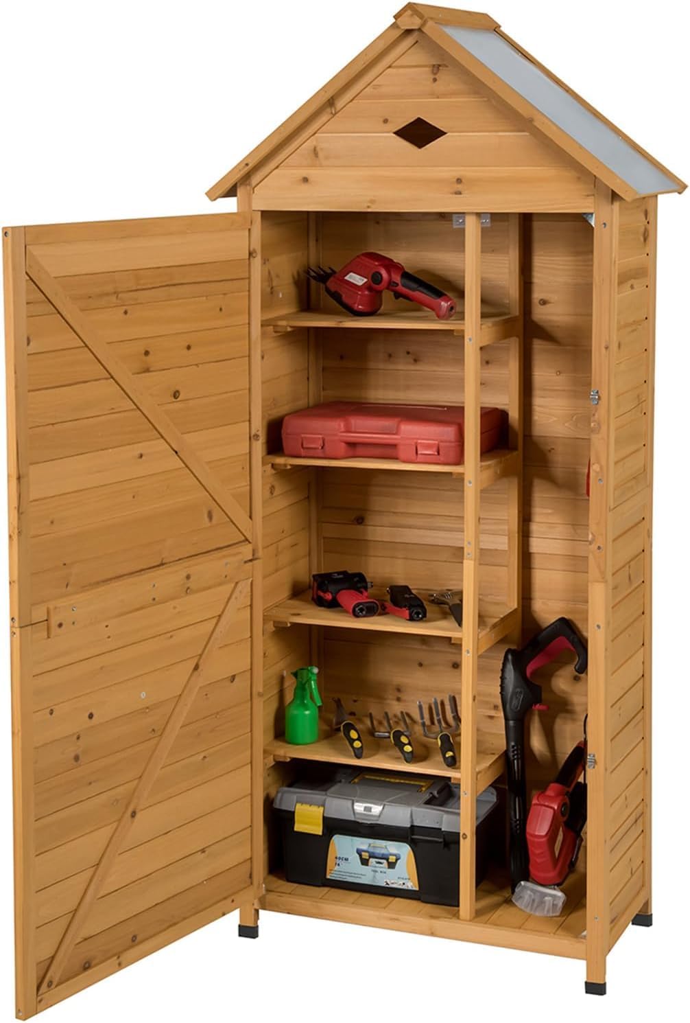 FANTASK Coffre de rangement, Armoire de Jardin en Bois, 177 × 80 × 45 cm, avec Toit à Deux versants, 5 niveaux, 5 étagères