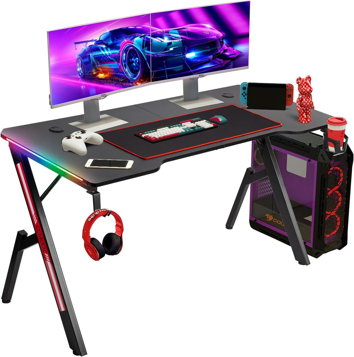 Poste de travail informatiques, 140 × 60 cm, télécommande, Bureau Gaming LED, Todeco, 40 modes, éclairage LED, Grand Bureau Gamer