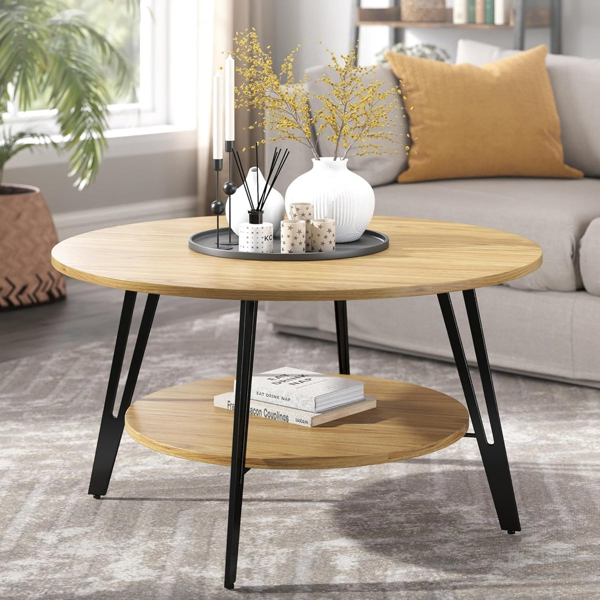 Table basse, 2 Niveaux, télécommande, Manora, réglable, avec étagère Ouverte, Table à Cocktail, Chêne