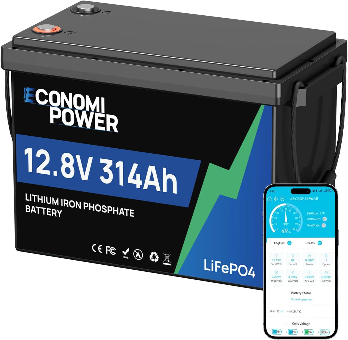 EconomiPower Batterie à décharge profonde, alimentation compacte et fiable pour camping-car, Batterie au lithium LiFePO4 12 V 314 Ah