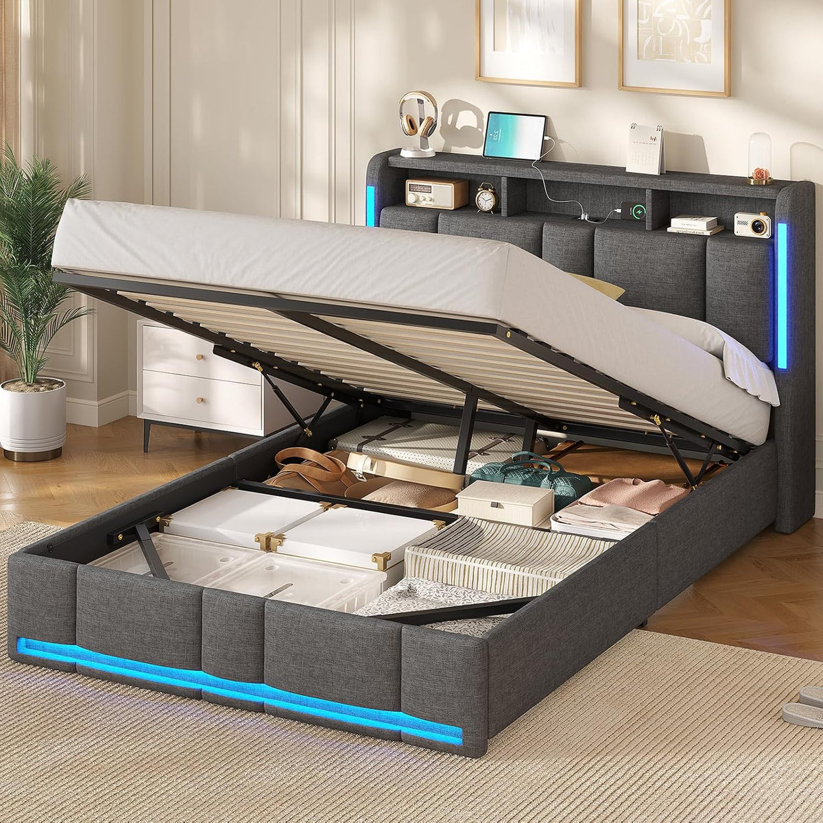 Lit, télécommande, 30 cm, AOGLLATI, 2 étagères, éclairage LED, réglable, Lin Gris Foncé-sans Matelas, minuterie