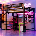 Cadre de lit, Lit Mezzanine Enfant en métal 140 × 200 cm avec Bureau, Sapgaks, éclairage LED, LED et Prise électrique, A-Noir, lit superposé
