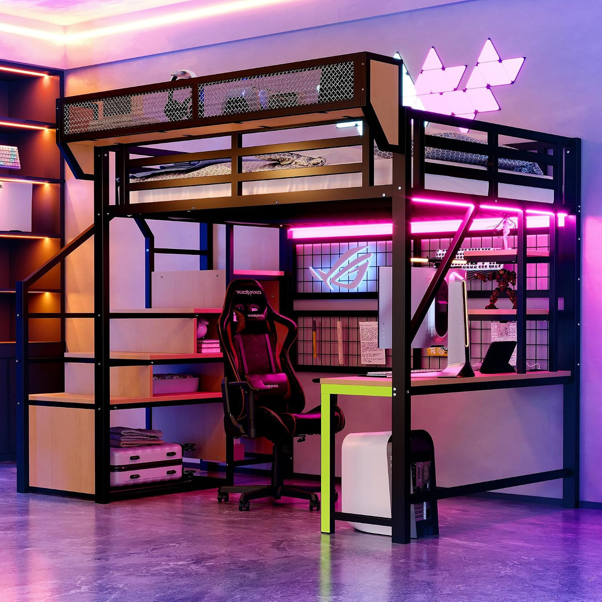 Cadre de lit, Lit Mezzanine Enfant en métal 140 × 200 cm avec Bureau, Sapgaks, éclairage LED, LED et Prise électrique, A-Noir, lit superposé