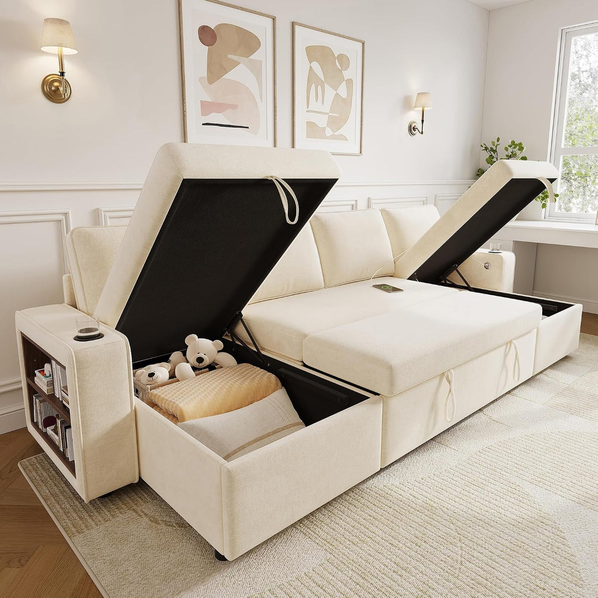 Canapé, 270 × 125 × 86 cm, télécommande, Sapgaks, port USB et tablette d'accoudoir, méridienne double avec rangement dissimulé, E-Beige