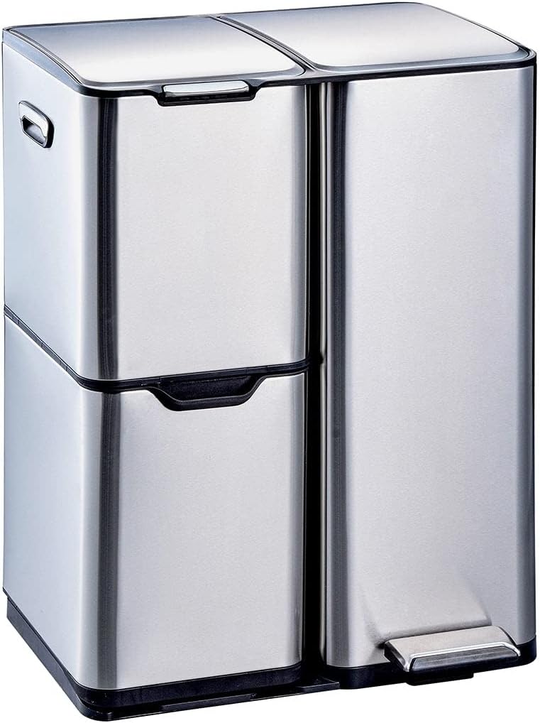 KITCHEN MOVE Système de tri des déchets, Poubelle de cuisine à pédale tri sélectif recyclage 60L, HAJA en acier Inox avec seau, 30L