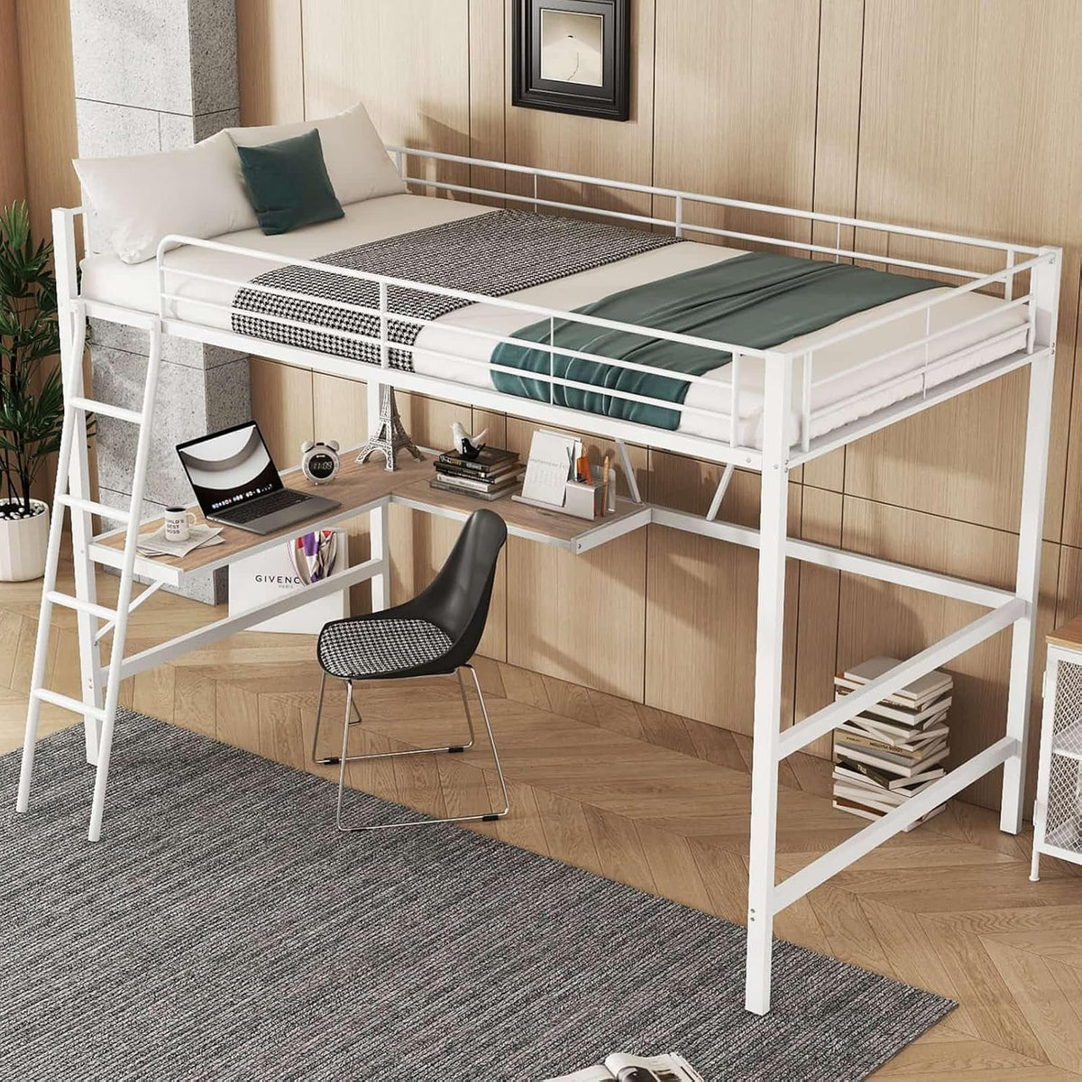 Cadre de lit, Lit Mezzanine 1 Place avec Bureau et étagères, PUGSDRLY, 90 × 200cm, sans Matelas, Blanc