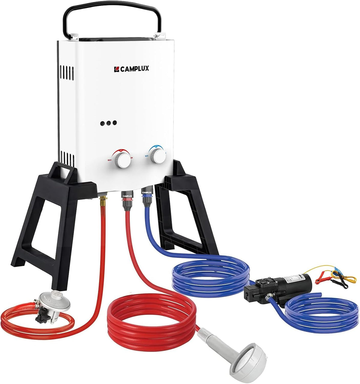 CAMPLUX Chauffe-eau, 4, 3 L, pliable, 5 L, AY132Max, 12V, 75°C, 350cm, 10 kW, 37 mbar, 28-30 mbar, avec Pompe à Eau et Support Portatif