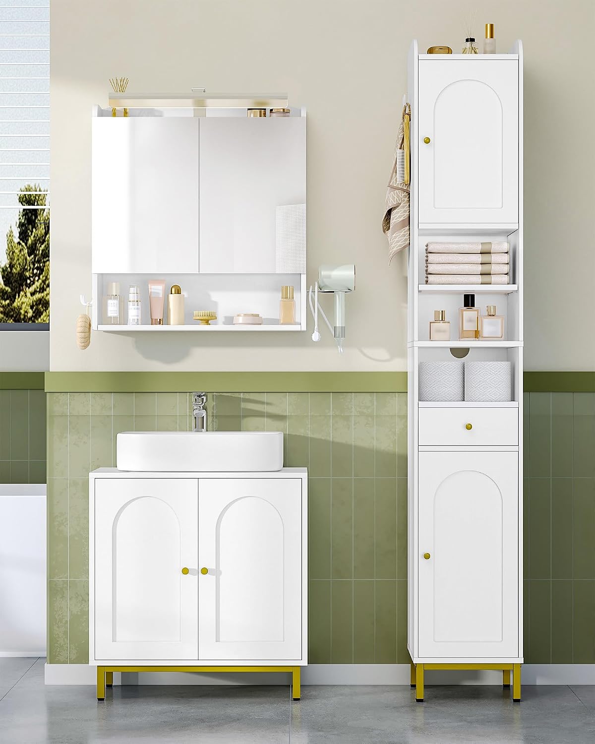 meuble, 60 cm, éclairage LED, pour Salle de Bain, Hzuaneri, 3 niveaux, BC11003XEU, 2 portes, 1 tiroir, 3 étagères, réglable, Blanc
