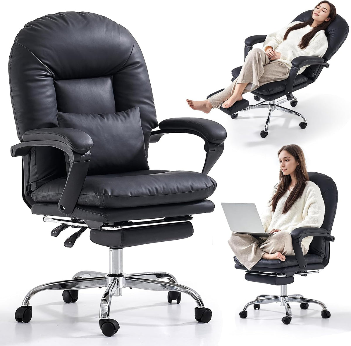 Chaise, 3 pouces, Cuir PU, Mi-Dossier pour la Maison, EMIAH, Noir