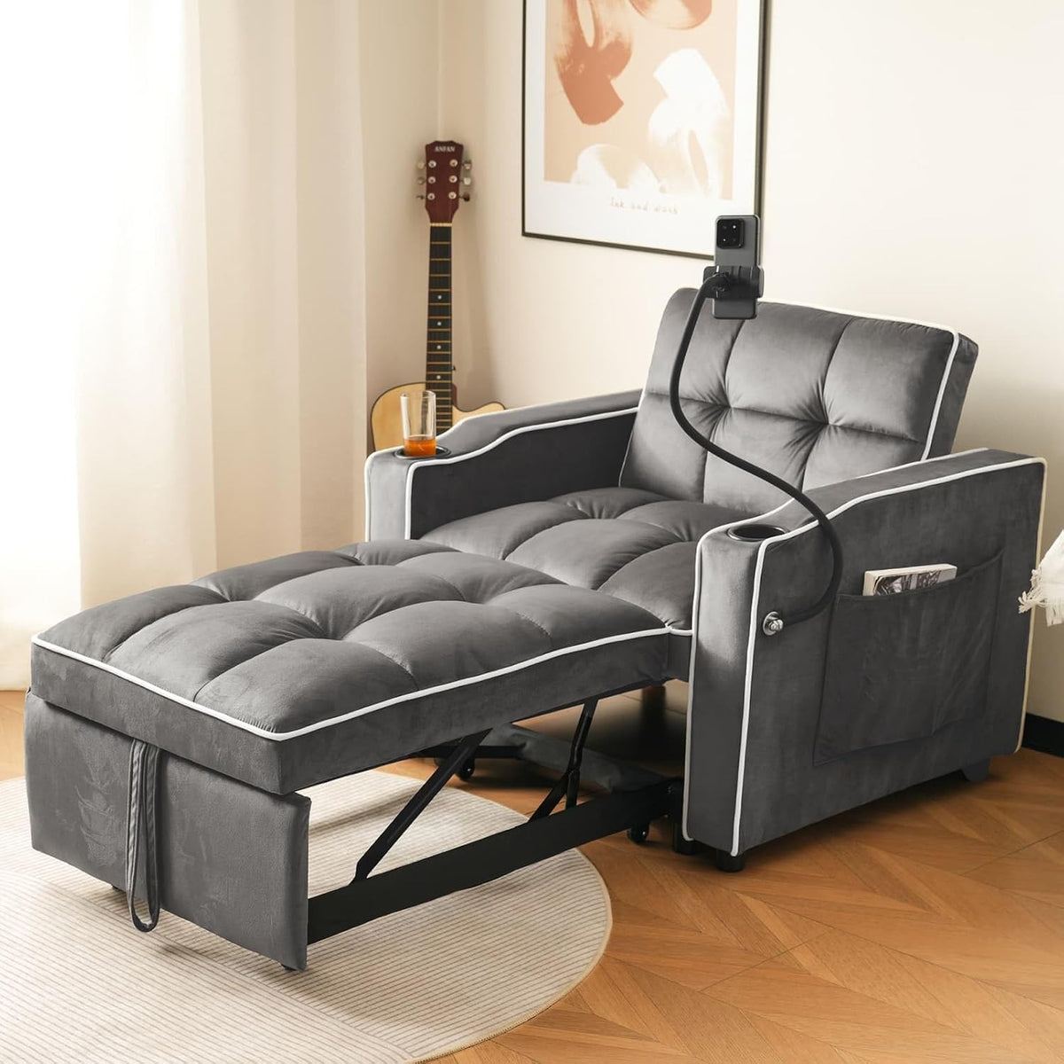 Canapé, pour Salon, réglable, KOMHTOM, Fauteuil avec Poche de Rangement Latérale, Gris foncé Antique, portable, Chambre à Coucher