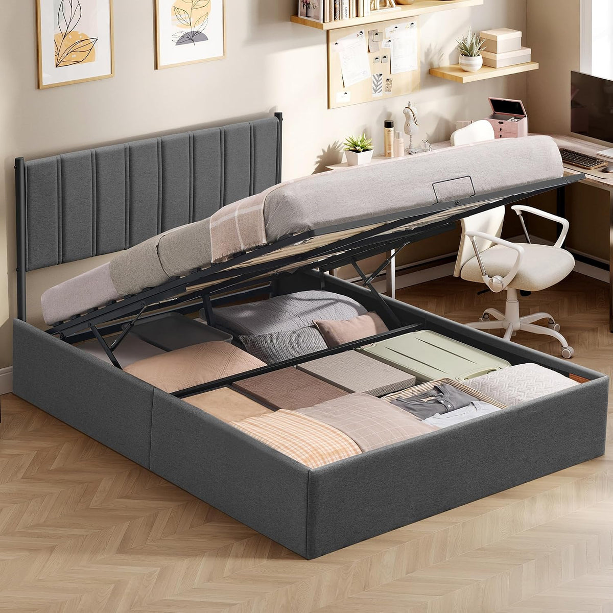 Lit, avec Rangement, 140 × 190 cm, VASAGLE, 31, 7 cm, 65 cm, Sommier Relevable