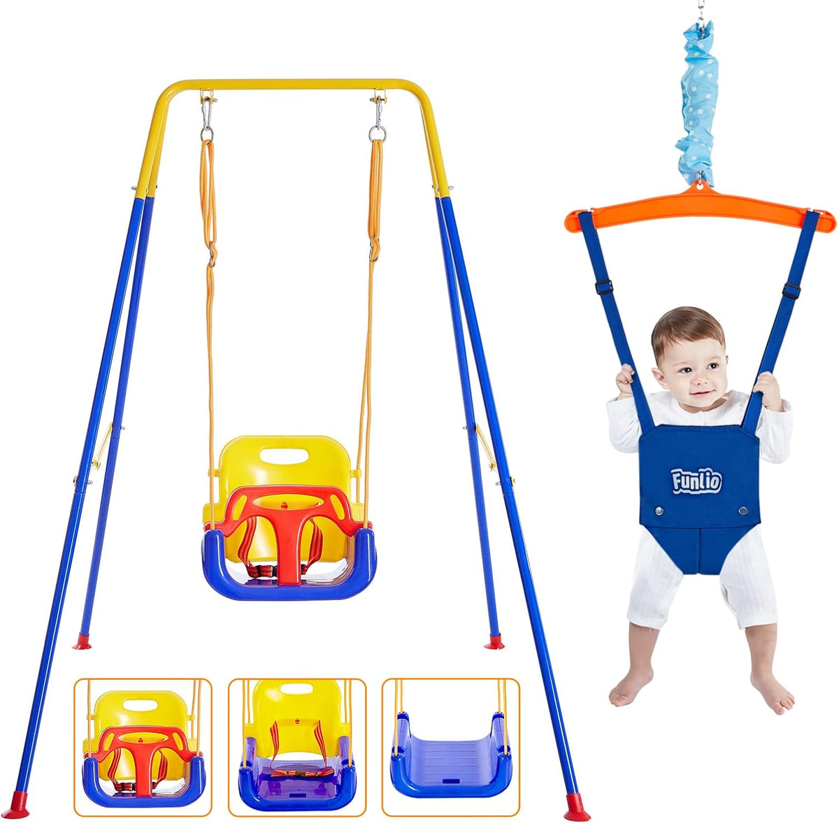 FUNLIO Siège sauteurs suspendus, balançoire 2 en 1 pour bébé avec Sièges sauteurs Suspendus, acier inoxydable, pliable, réglable