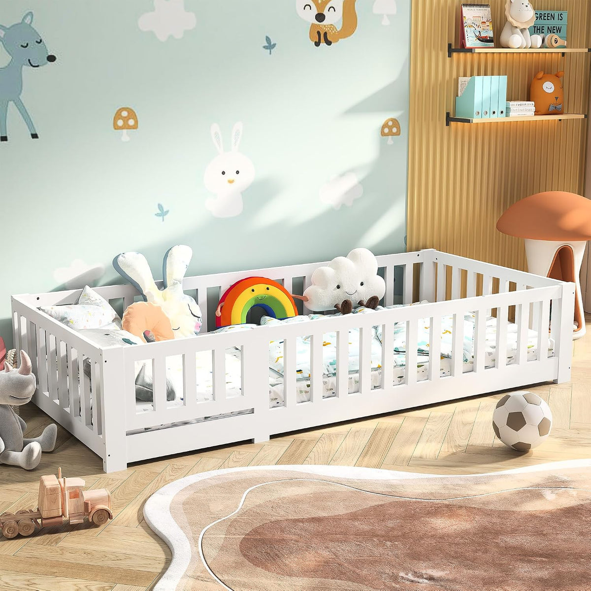 Lit LIVLUX 90x200, 90 × 200 cm, Bois Massif Pin, avec Barrière de Sécurité et Sommier à Lattes, pour Chambre de Garçons Filles, 95L