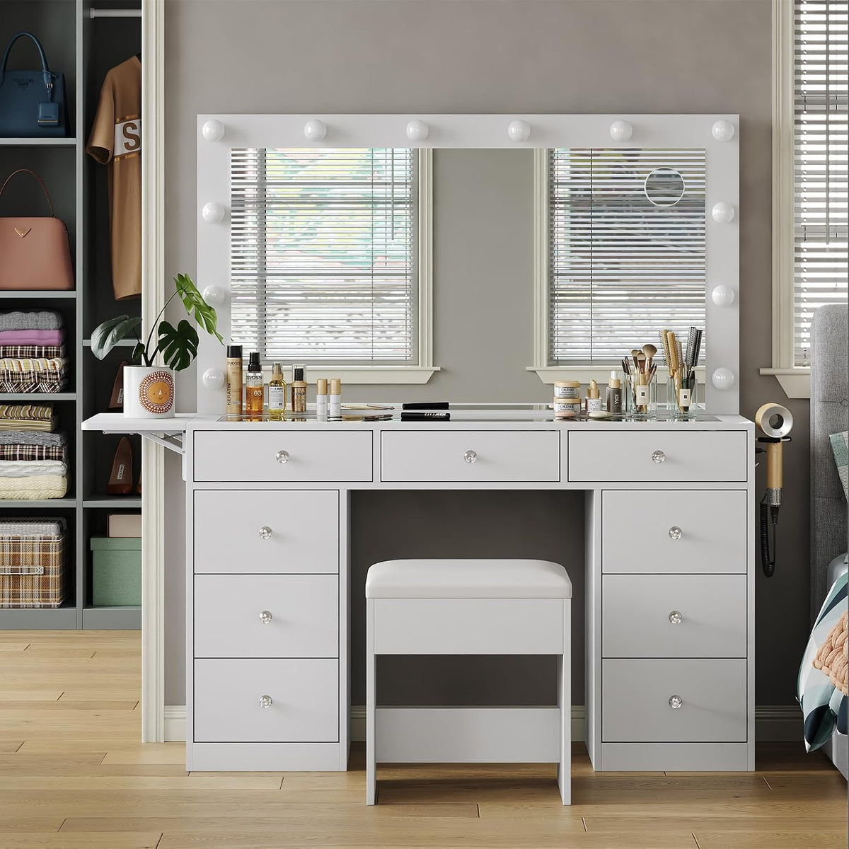 Coiffeuse, 3 Modes d'Éclairage Réglable, Yanosaku, 3 Niveaux, Table de Maquillage avec 9 Tiroirs, éclairage LED, pliable, Ports USB, Blanc