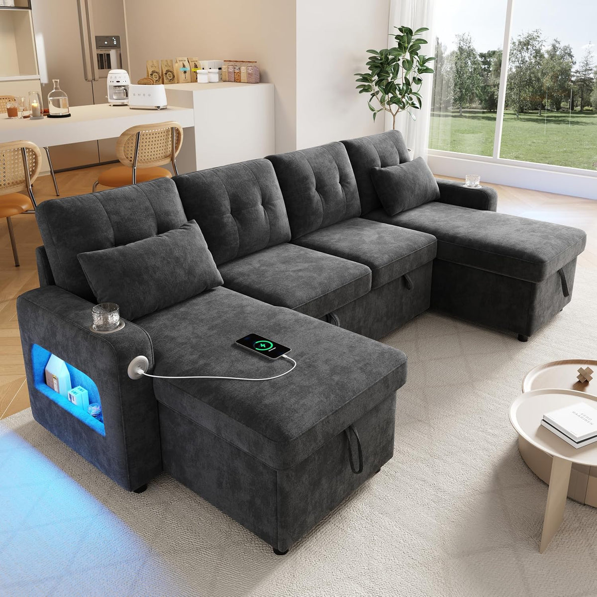 Canapé, acier inoxydable, éclairage LED, compartiments de rangement pour accoudoirs, Merax, avec espace de rangement, convertible, en forme de U
