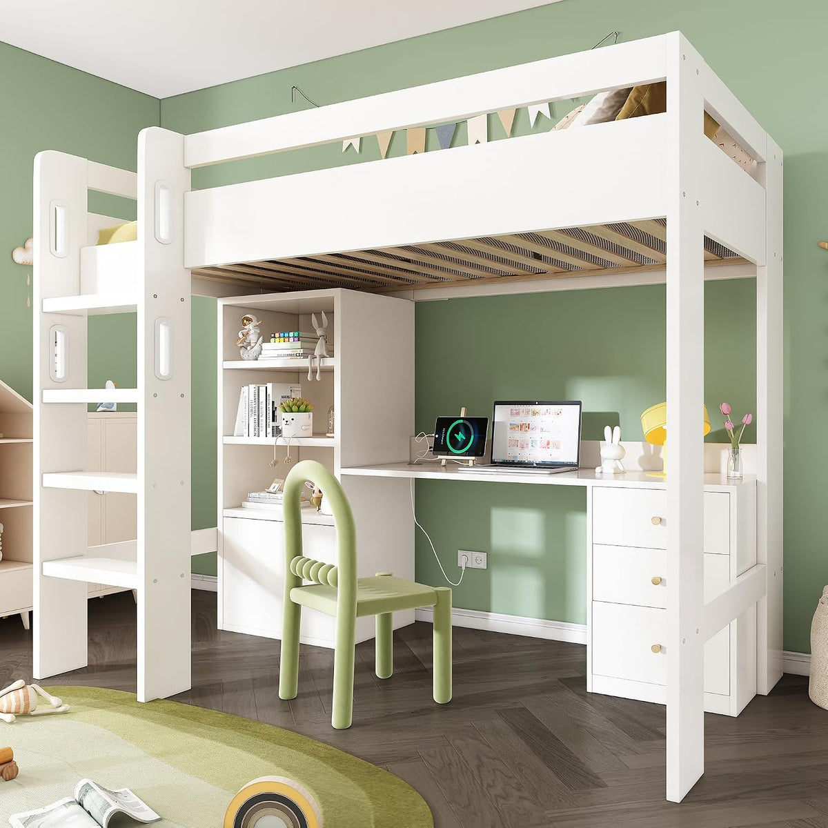 Cadre de lit, Lit Mezzanine 1 Place avec Bureau USB, Zepneiy, 100 × 40 cm, 108 × 206 × 175 cm, 90 × 200 cm, 12 cm, 10 cm, 3 niveaux, réglable