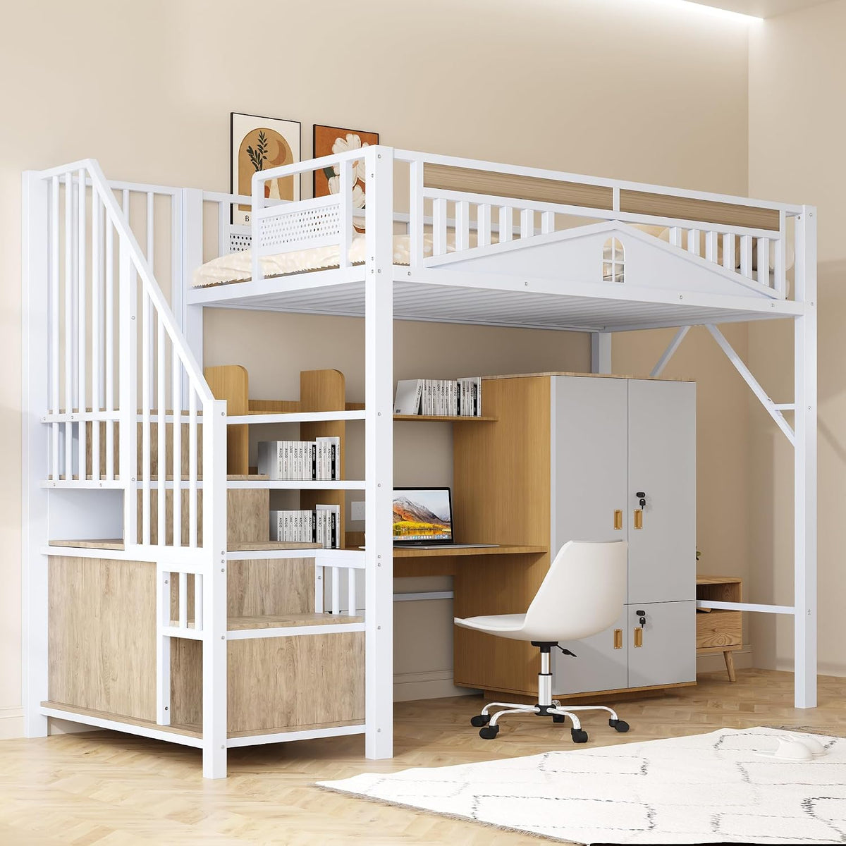 Cadre de lit, 90 × 200 cm, Lit Mezzanine Simple avec barrière de sécurité Unique, Zepneiy, 255 × 95 × 170 cm, 10 cm, Blanc