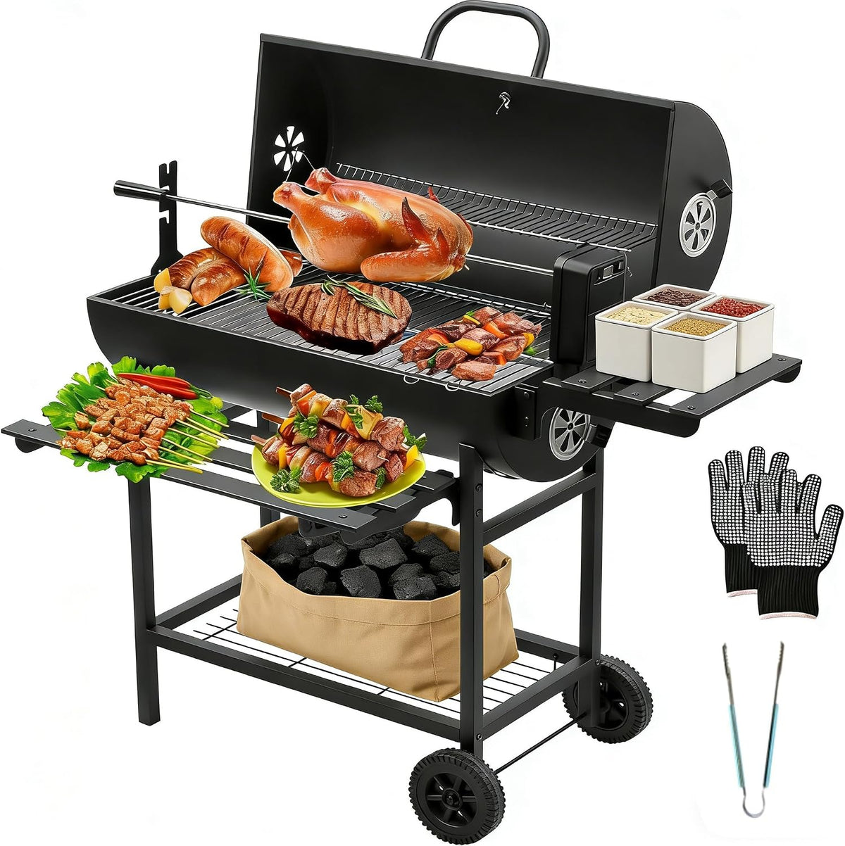 TEENO Barbecue, 70 × 35cm, Grill XXL à Charbon de Bois avec Couvercle, acier inoxydable, fonction gril, portable