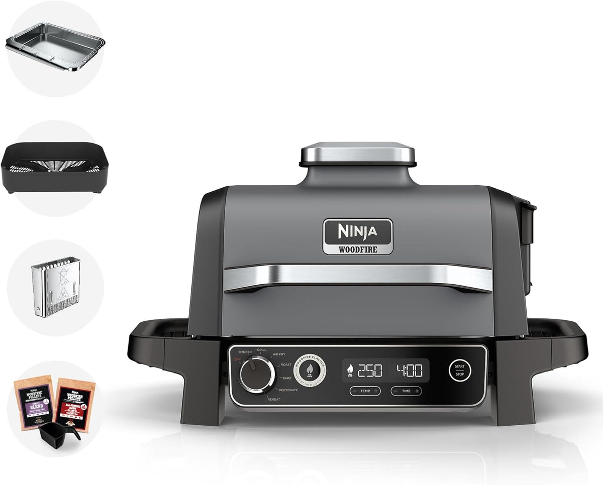 NINJA Friteuse à air, cuisson au feu de bois électrique BBQ Grill & Smoker, 7 en 1 OG701UK, Gift pour her / him, 7 fonctions, Gris/Noir