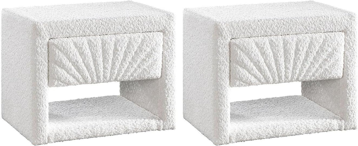 Table de chevet Vente-unique, 50 cm, Tissu Bouclette, 41 cm, 35 cm, 56 cm, 44 cm, 1 tiroir, 5cm, Lot de 2 Tables de Chevet, Blanc