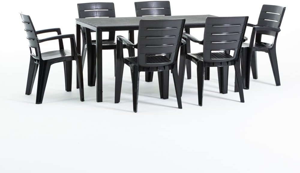 Ensemble salle à manger, 156 × 78 cm, table rectangulaire en acier peint avec lattes en polyéthylène, SIEDITI FUORI E DENTRO