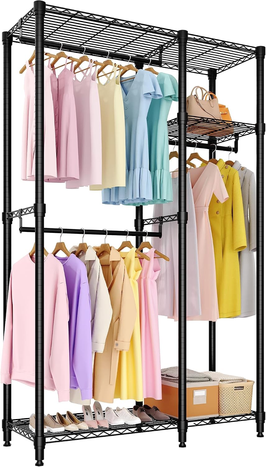 Portant, Dressing Chambre Adulte, 3 Niveaux, GarveeMore, Penderie Dressing 2 Combinaisons 2×3 Niveaux, Noir 110×40×194.2cm