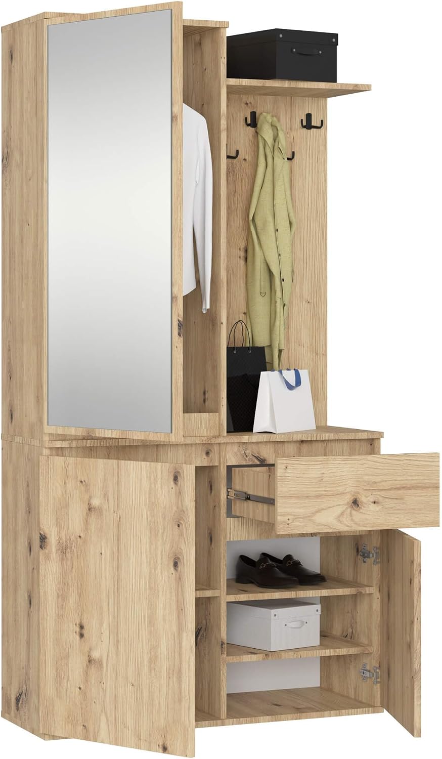 meuble pour entrée AKORD, Optimum pour Petits Espaces, 95 cm, Ensemble de Vestiaire d'Entrée avec Miroir, 3 Portes, 1 Tiroir, 7 Étagères