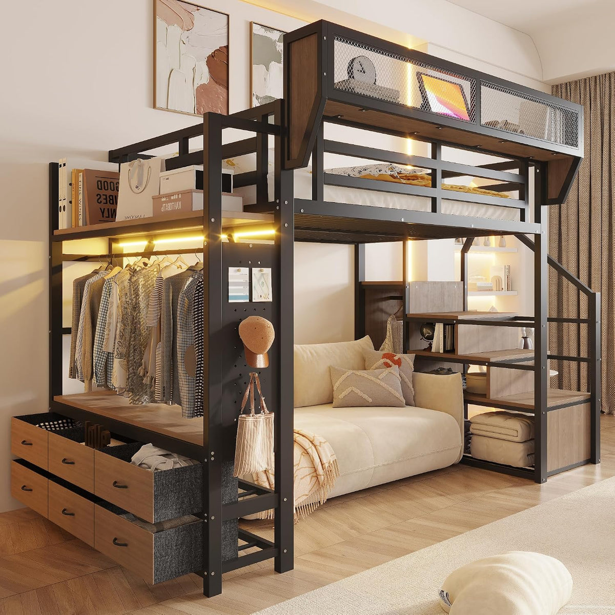 Lit, tiroirs en tissu et LED, 140 × 200 cm, éclairage LED, Merax, tringle à vêtements, noir, sans matelas, rampe de sécurité, échelle