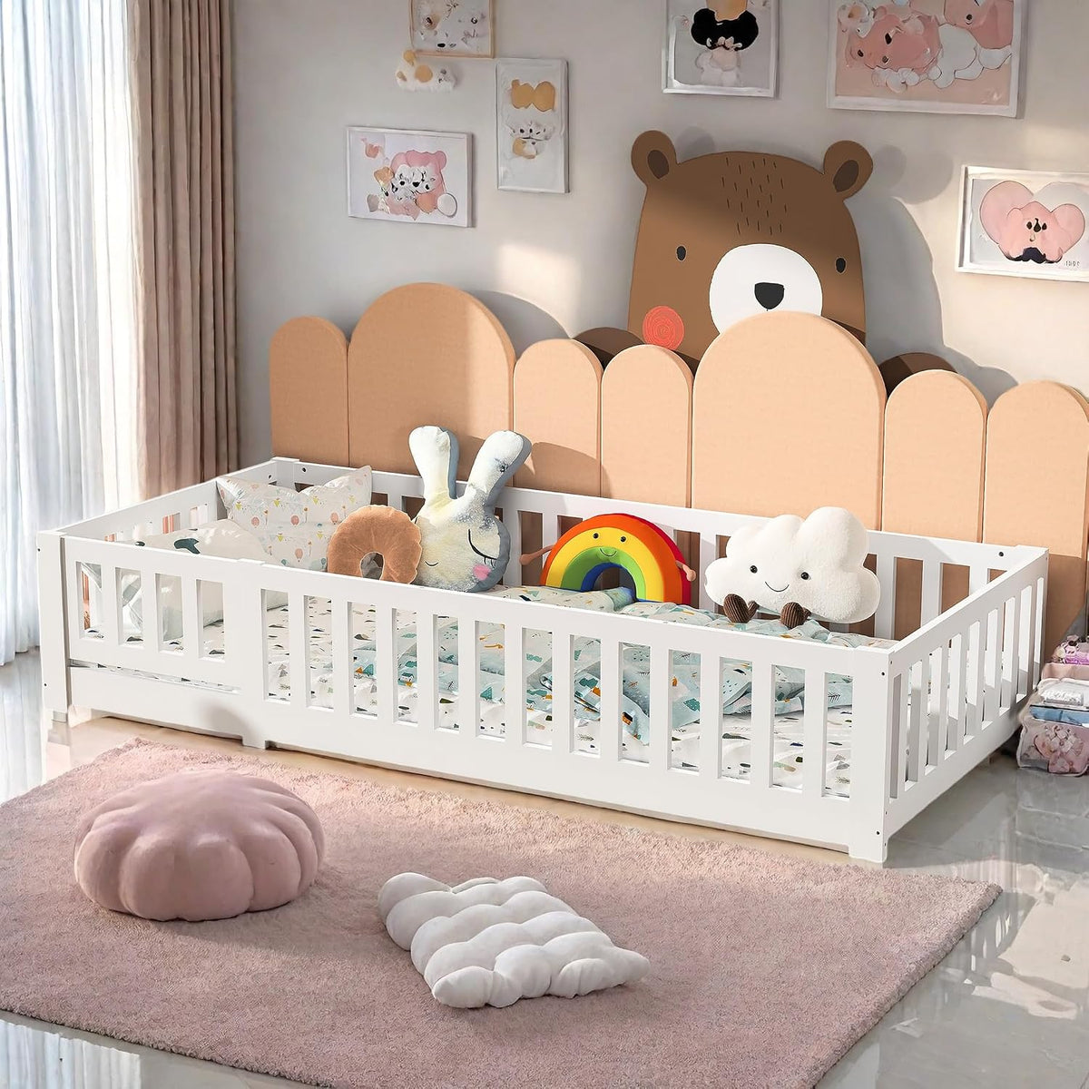 Lit JOROBURO 90x200, pour Chambre de Garçons Filles, 90 × 200 cm, Bois Massif Pin, Blanc