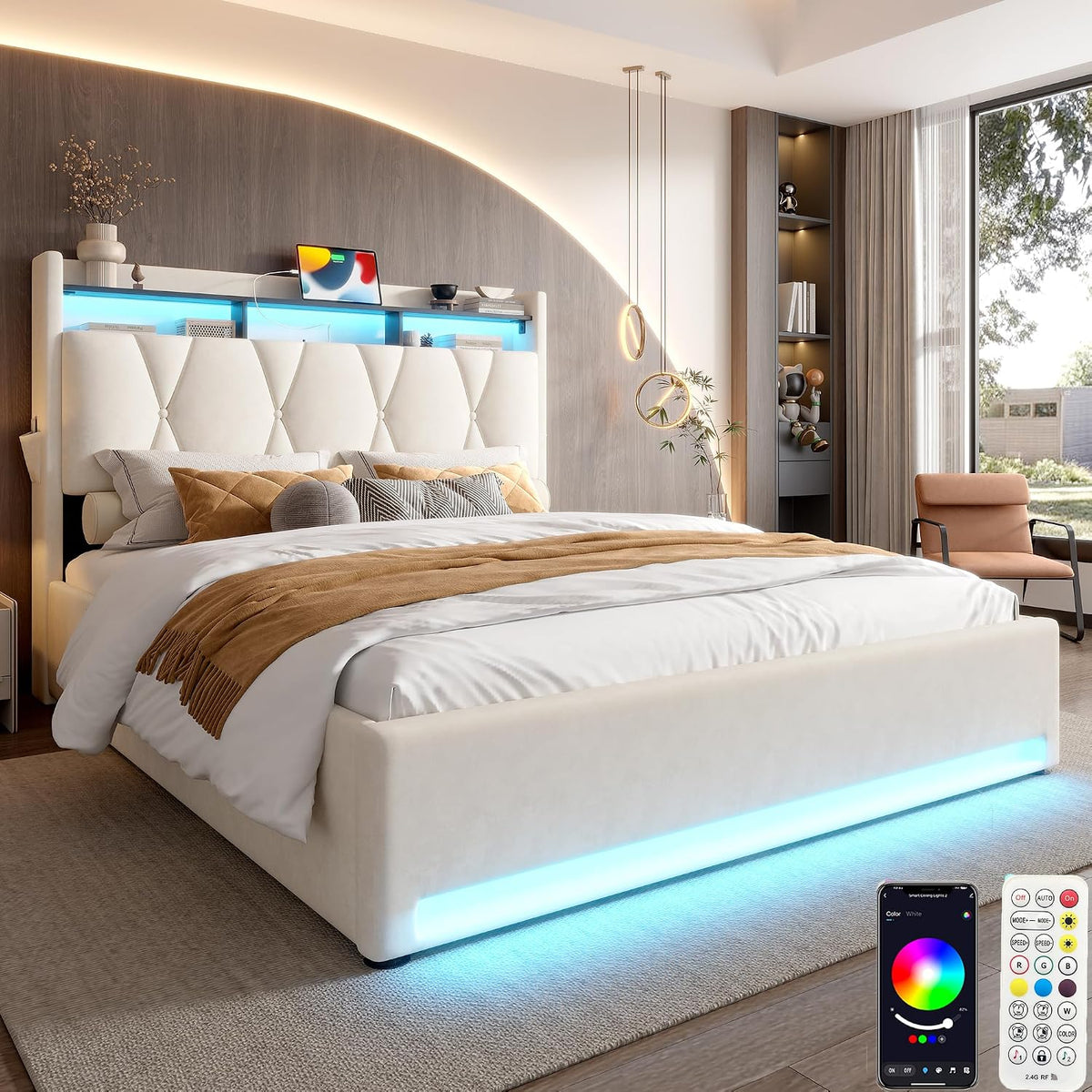 Lit Zepneiy 160x200 160x200, éclairage LED, 166 × 221 × 170 cm, 160 cm, 200 cm, 30 cm, 3 cm, en velours