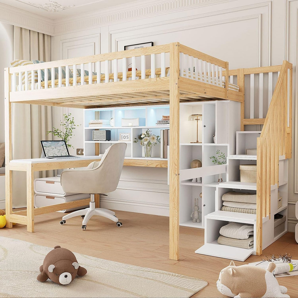 Cadre de lit, éclairage LED, 140 × 200cm, Lit Mezzanine en Bois, Équipé Bureau, KOMHTOM, Lit Multifonctionnel avec éclairage LED, sans Matelas