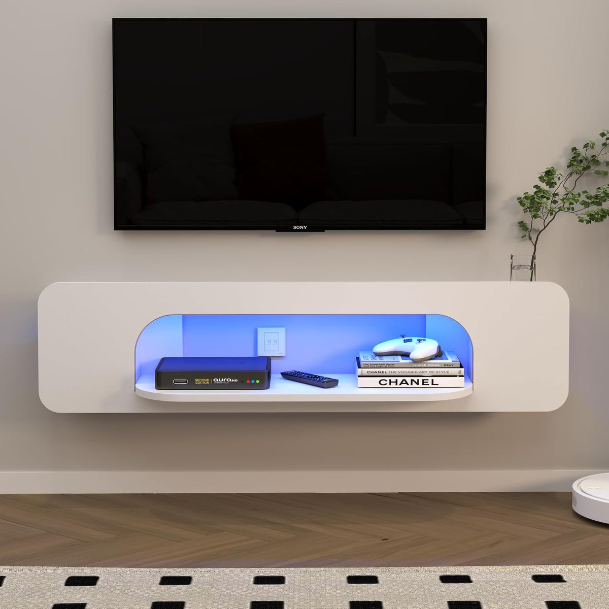 Meuble TV Pmnianhua, éclairage LED, 22 modes, 121cm, 8cm, Blanc, Etagere TV Murale