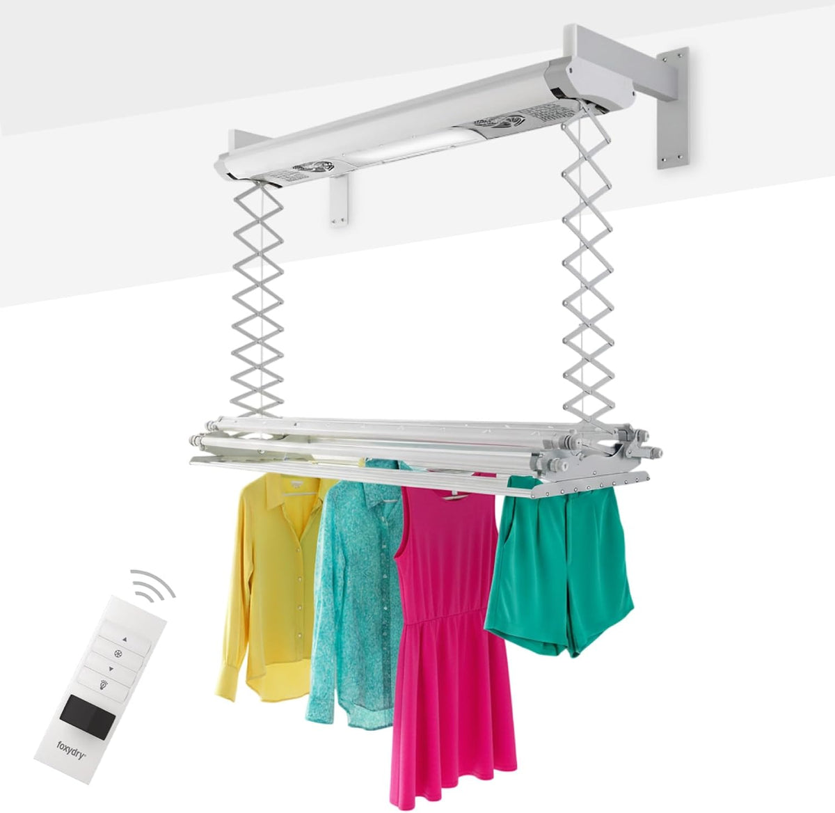 foxydry Étendoir à linge rotatif, 160 cm, télécommande, 180 cm, 40 cm, 150 cm, éclairage LED, étendoir à Linge électrique, Mural